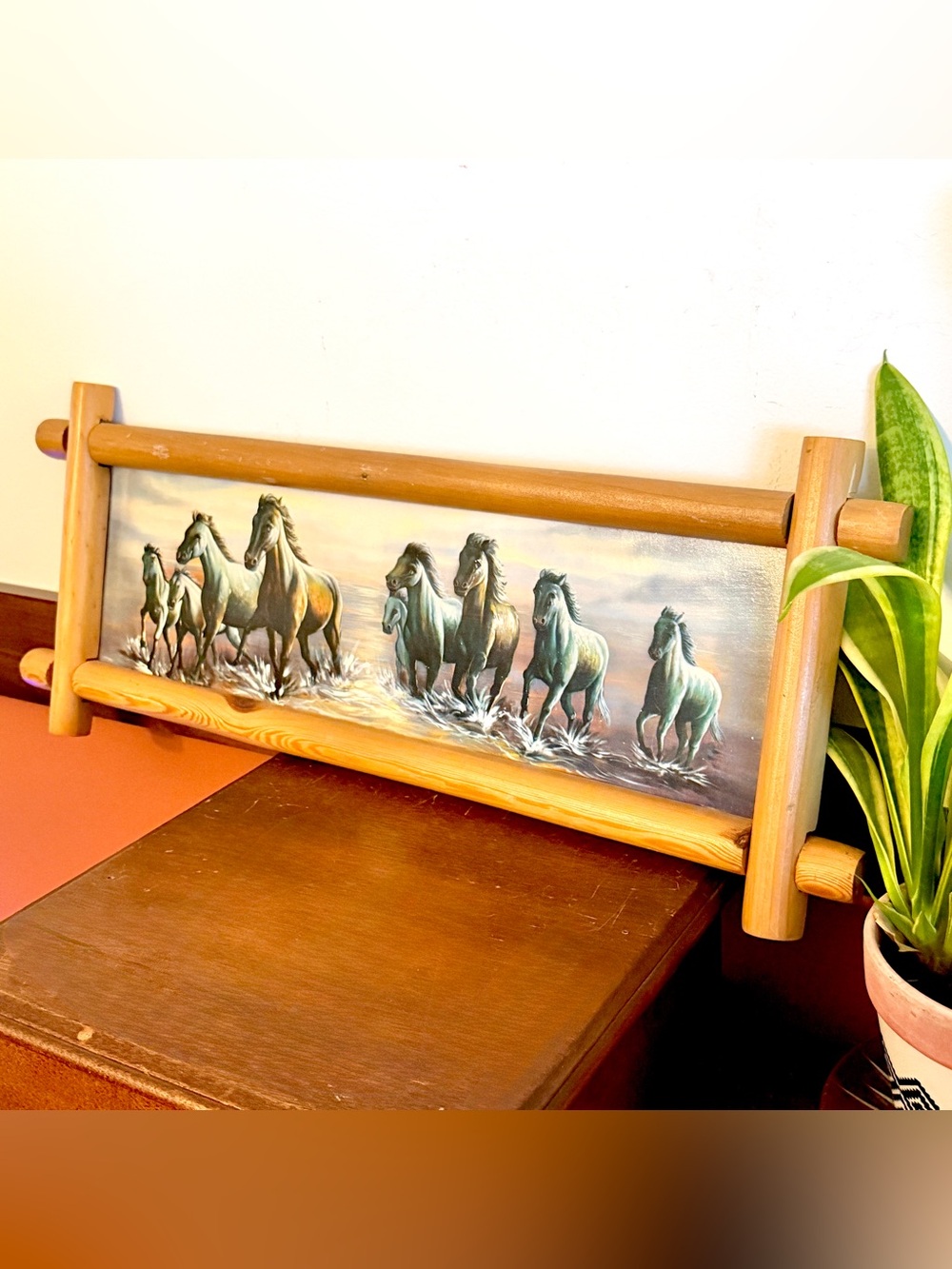 Vintage Running Horses Rustic Wood Frame Wall Art 8x24” Western Cabin Decor - Picture 2 of 10